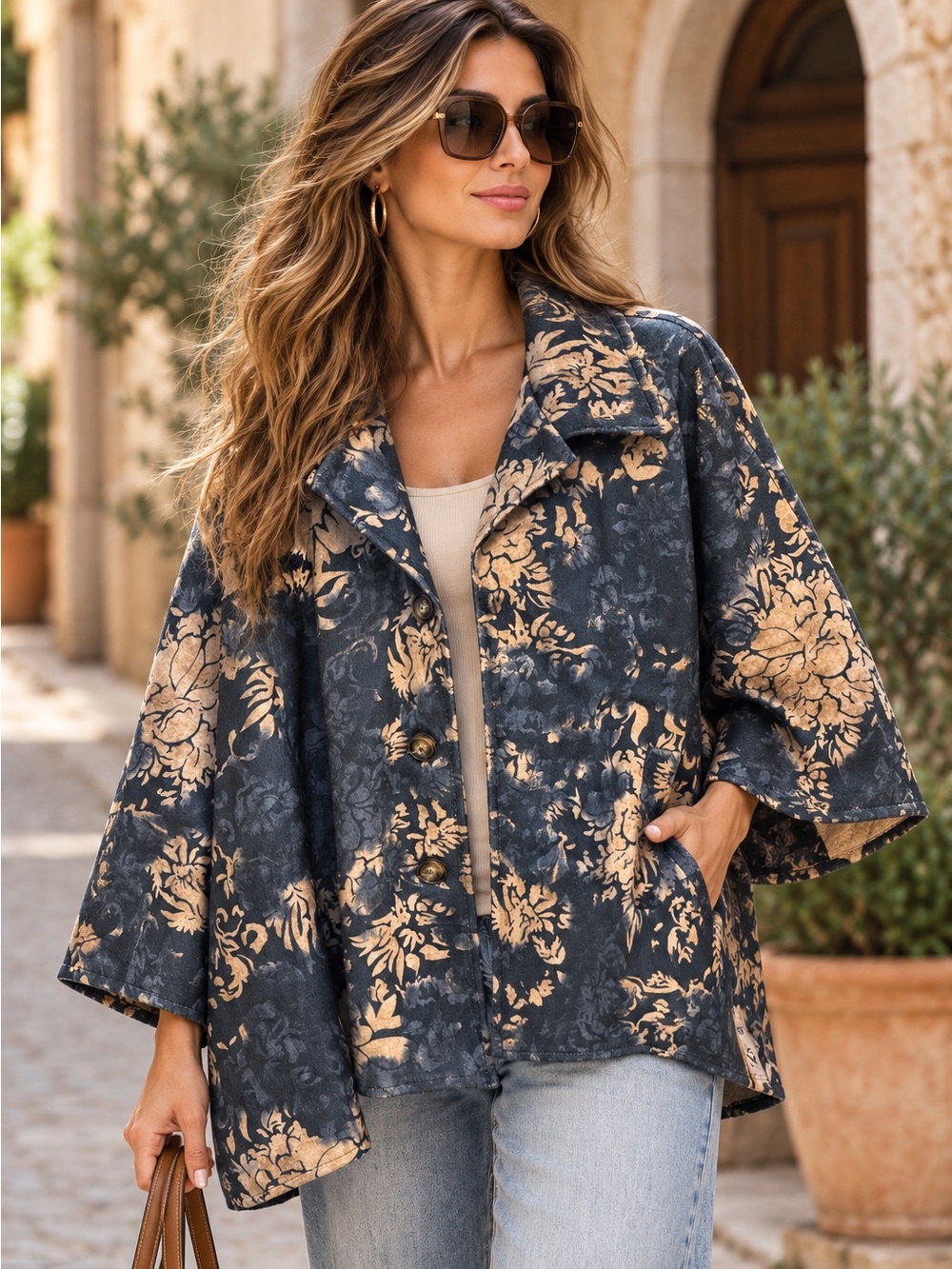 019. From Italy 🇮🇹 Floral Suede feel Swing Coat in Navy & Gold